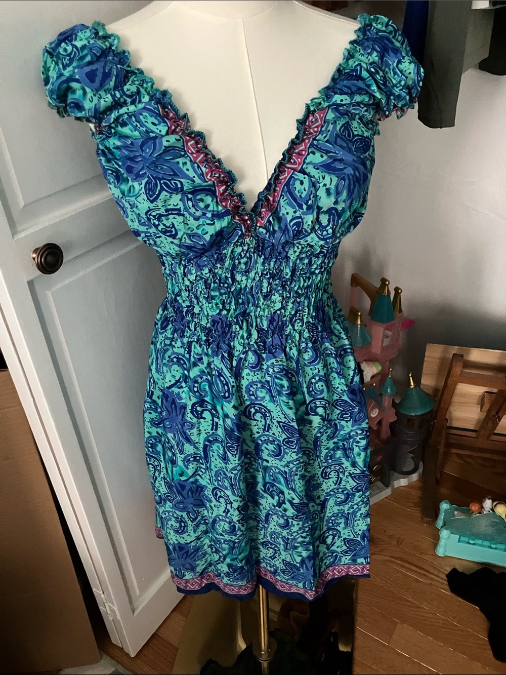 Floral Paisley Smocked Mini Dress in Teal and Blue